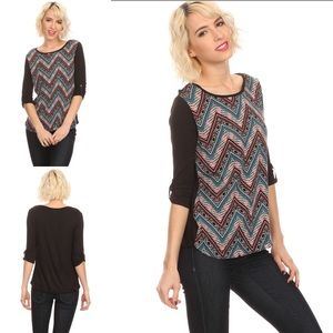 3/4 Sleeve Top Abstract Print Front Black Color